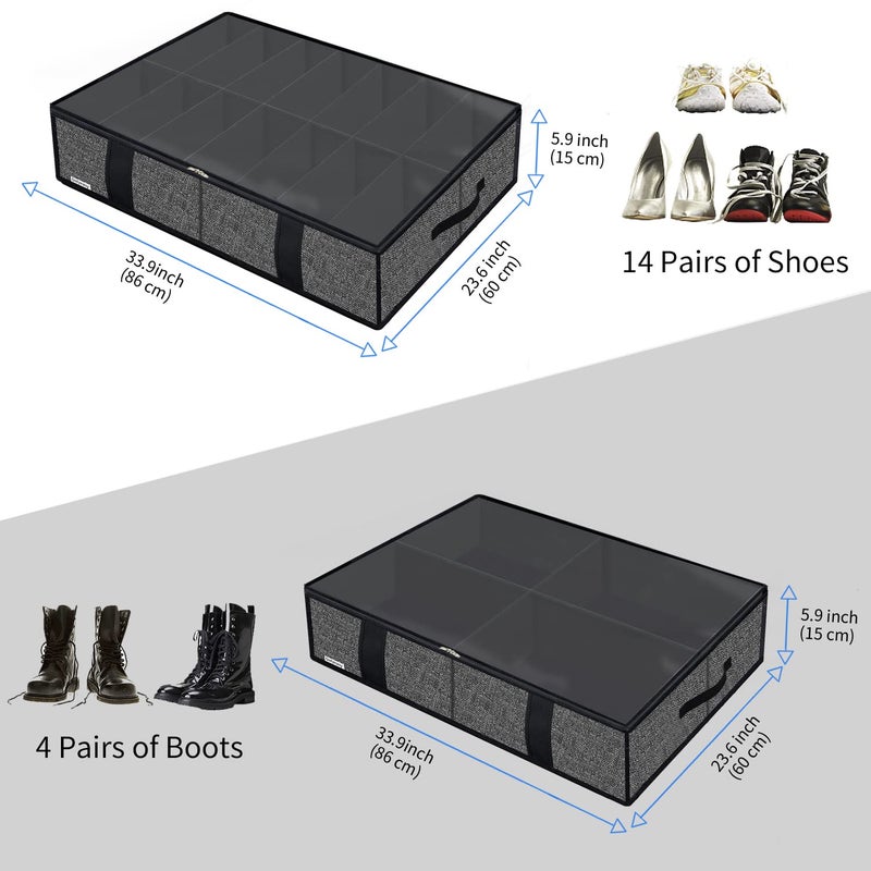 Onlyeasy 2 Pack Under Bed Shoes Storage Bag Organizer (14+4 Pairs), Collapsible Shoe Boot Container with Handles, Underbed Storage Solution for Kids & Adults, 86x60x15cm, Linen-like Black, MXAUBS14S4 - Image 2